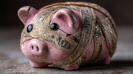 A charming vintage piggy bank wrapped in old currency strips sits against a rustic background, symbolizing nostalgia and financial wisdom in savings.の素材