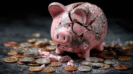 A broken pink piggy bank lies amidst scattered coins, symbolizing financial struggle and lost savings. The glittery effect adds a touch of contrast against the dark background.の素材