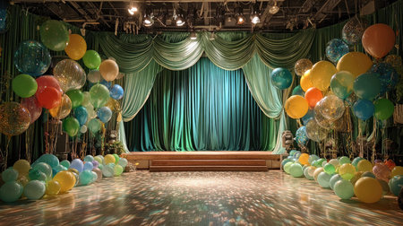 This vibrant scene features a beautifully decorated stage with colorful balloons and elegant drapes, perfect for celebrations and festive gatherings.の素材