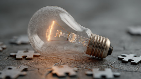 A glowing light bulb rests on scattered puzzle pieces, representing creativity and problem-solving. This image captures the essence of bright ideas in a conceptual study.の素材