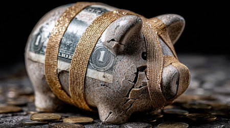This image depicts a broken piggy bank wrapped in a gold ribbon, emphasizing themes of lost savings and financial difficulties, surrounded by scattered coins.の素材