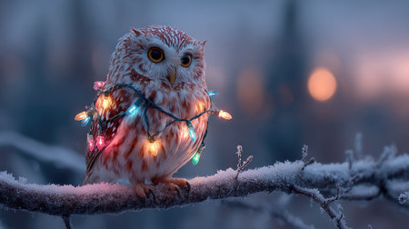 A delightful scene featuring an owl adorned with vibrant Christmas lights perched on a snowy branch, capturing the essence of winter festivities and magic.の素材