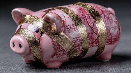A cracked pink piggy bank adorned with gold tape symbolizes the struggle of managing finances and the importance of savings in everyday life.の素材