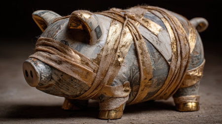 An artistic representation of a piggy bank wrapped in gold bandages, symbolizing the challenges of managing finances and the weight of economic pressures.の素材