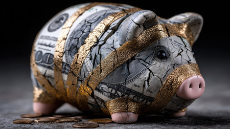 A cracked piggy bank covered in gold tape and adorned with dollar bills captures the essence of financial struggles and the importance of savings.の素材