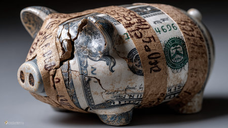 A visually striking image of a cracked piggy bank wrapped with dollar bills, showcasing various textures and details. Ideal for themes of savings and financial management.の素材