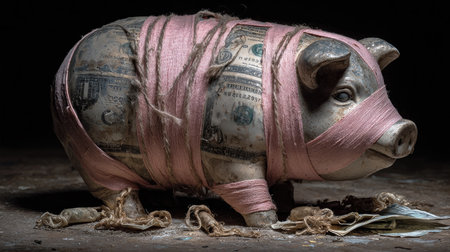 This artistic image features a piggy bank wrapped in string and filled with dollar bills, representing savings, financial planning, and creative money management concepts.の素材