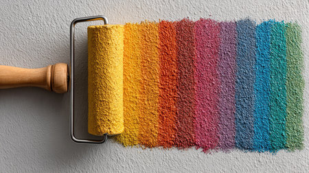 A paint roller glides across a textured wall, creating striking stripes of color. The vibrant shades form an inspiring color palette for creative projects.の素材