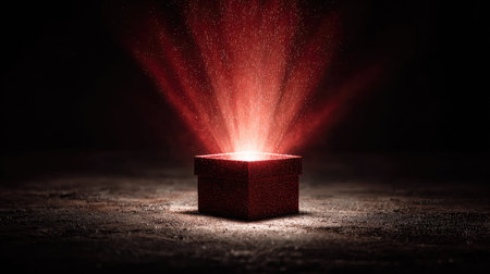 A captivating image of a mysterious red gift box emitting glowing light and vibrant particles in a dark setting, evoking intrigue and wonder.の素材