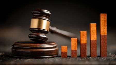 A powerful visual representation combining a wooden gavel and an ascending bar graph, symbolizing justice, growth, and success in legal and business realms.の素材