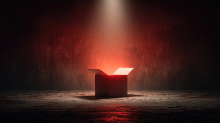 An open box casts a red glow in a dimly lit room, creating an atmosphere filled with mystery and suspense. Ideal for concepts of intrigue.の素材