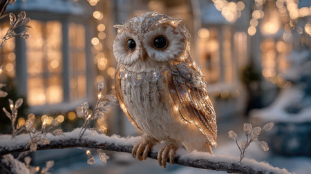 Delve into a serene winter scene featuring a beautifully illuminated owl on a snowy branch. This adorable creature adds a touch of joy and enchantment to holiday decorations.の素材
