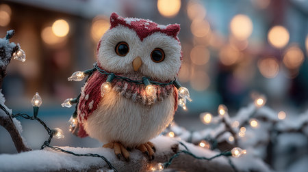 A delightful snowy owl adorned with colorful Christmas lights sits on a snowy branch. The cozy winter scene captures the essence of festive joy and wonder.の素材