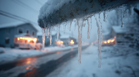 A serene winter scene featuring icicles hanging from a rooftop, with a softly blurred background of houses decorated with lights. The image evokes beauty and tranquility.の素材