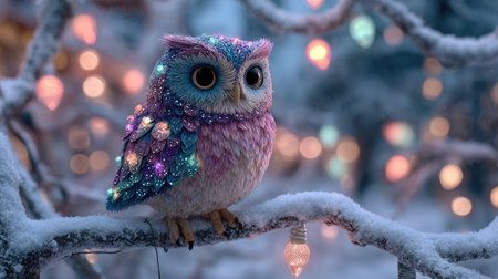 This enchanting image features a colorful owl ornament adorned with lights, perched on a snowy branch, creating a whimsical winter atmosphere.の素材