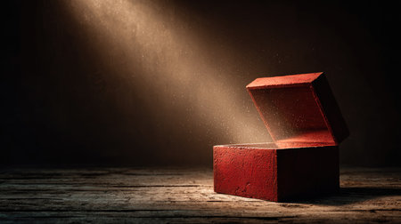 A striking image of an open box illuminated by a beam of light, casting dust particles in the air and creating a mysterious atmosphere.の素材
