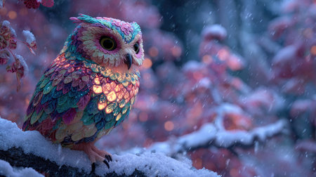 A whimsical colorful owl perched on a snow-covered branch, surrounded by glowing pink blossoms, creating a magical winter scene perfect for nature lovers.の素材