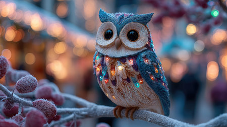 A beautifully crafted owl sculpture adorned with colorful lights, perched on a snowy branch, surrounded by enchanting winter ambiance and festive charm.の素材