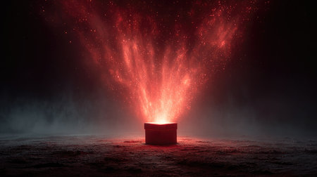 A striking image showcasing a mysterious black container emitting a vibrant burst of red light and particles, creating a magical and dramatic atmosphere.の素材