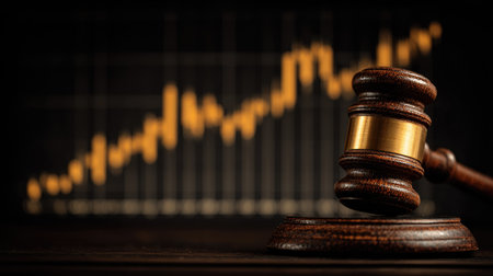 A wooden gavel rests on its base, symbolizing authority and justice. In the background, a dynamic financial graph illustrates market trends and economic insights, merging law and finance visually.の素材