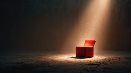 A captivating image showcasing a solitary red chair illuminated by a soft spotlight in a darkened room, creating an ambiance of serenity and intrigue.の素材
