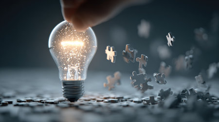A captivating image of a hand holding a glowing light bulb with floating puzzle pieces, symbolizing creativity and inspiration in problem-solving.の素材