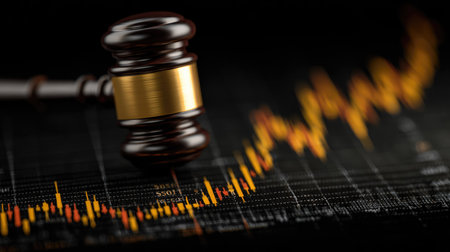 A close-up view of a gavel resting on a financial chart, symbolizing the intersection of justice and economic decision-making in the stock market context.の素材