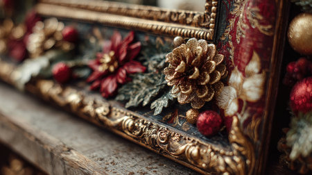This elegant image showcases a beautifully ornate Christmas frame adorned with red flowers, golden pinecones, and colorful ornaments, creating a festive holiday atmosphere.の素材