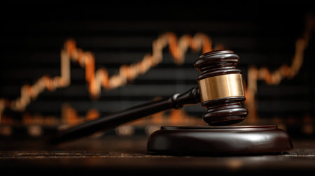 Close-up of a gavel resting on a wooden table with a financial graph in the background, representing the intersection of law and economics in decision-making.の素材
