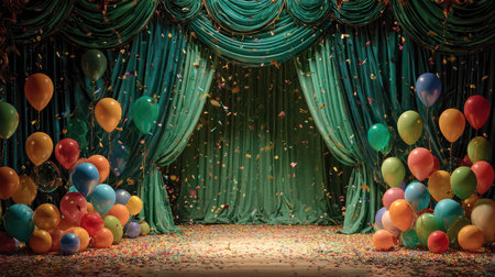 A vibrant celebration scene featuring colorful balloons and confetti on a stage adorned with elegant green drapes, perfect for festive events and parties.の素材