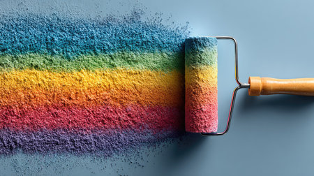 This captivating image showcases a paint roller covered in colorful powder, creating a vibrant rainbow pattern on a smooth surface, perfect for art and design projects.の素材
