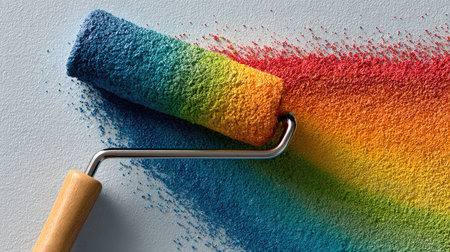 A paint roller showcases a vibrant spectrum of colors as it creates a stunning effect against a textured wall, ideal for inspiring home decor creativity.の素材