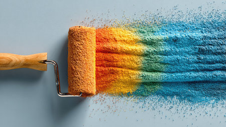 A paint roller creates a stunning visual effect as it spreads vibrant colored dust across a soft blue surface, showcasing creativity and artistic flair.の素材