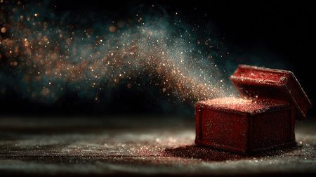 A mystical red box opens to reveal a swirling cloud of sparkling dust and light, creating an enchanting atmosphere filled with wonder and magic.の素材