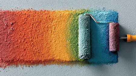 A striking visual of colorful paint rollers showcasing a spectrum of vibrant hues against a gray backdrop, ideal for any creative or artistic project.の素材