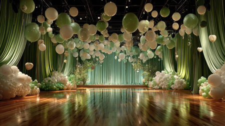 This image features an elegant event space adorned with green and white balloons, creating a festive and inviting atmosphere ideal for any celebration.の素材