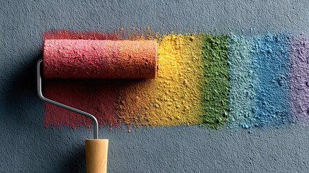 A vibrant paint roller applies bright colors onto a gray wall, creating a stunning rainbow effect. This image captures creativity and artistry in interior decoration.の素材