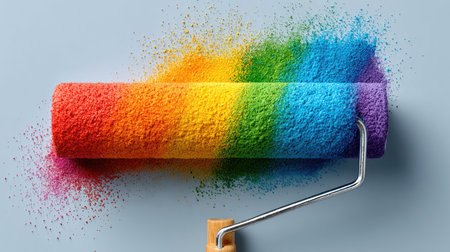A vibrant paint roller releases a stunning rainbow of color powder, creating an energetic and creative visual. Ideal for home improvement, art projects, and inspiration.の素材