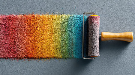 A vibrant roller brush applies a rainbow spectrum of colors on a smooth gray surface, showcasing creativity and artistic flair in decor or painting projects.の素材