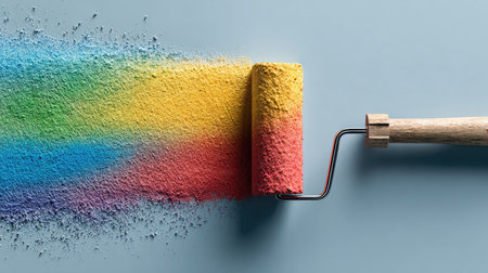 A close-up of a paint roller releasing colorful powder streaks on a smooth blue surface, representing creativity and artistic expression in home improvement.の素材