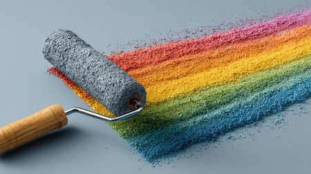 A vibrant paint roller creates a stunning rainbow spectrum using fine powders on a smooth surface, highlighting creativity and artistic flair.の素材