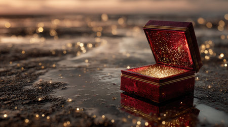 An enchanting open jewelry box on the shore, filled with sparkling gold glitter. The reflections in the wet sand create a magical atmosphere at sunset.の素材