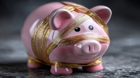 This image features a pink piggy bank elegantly wrapped in a golden ribbon, representing thoughtful financial management and savings aspirations.の素材