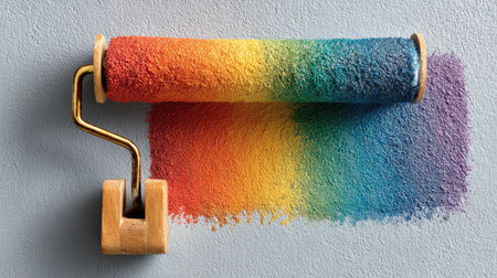 A close-up view of a paint roller coated with vibrant rainbow dust resting against a smooth wall surface, showcasing an artist's creative touch in home decor.の素材