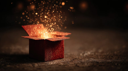 A vibrant red gift box emanates sparkling light and floating particles, set against a dark background, evoking feelings of wonder and surprise.の素材