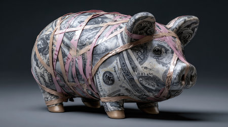 A striking close-up of a piggy bank, creatively wrapped with rubber bands and adorned with dollar bills, symbolizing saving and finance concepts.の素材