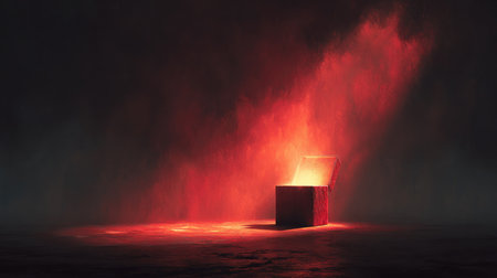 A captivating image of a glowing box in a dark setting, emitting a striking red light. This artwork evokes mystery and intrigue, inviting exploration.の素材