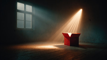 A captivating scene featuring a vibrant red box in a dimly lit room. Light beams create an atmospheric effect, enhancing the sense of mystery and solitude.の素材