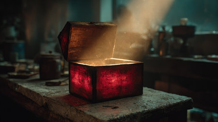 A beautifully crafted treasure chest sits open, emanating a warm light that pierces through dust-laden air, creating a captivating atmosphere perfect for storytelling.の素材