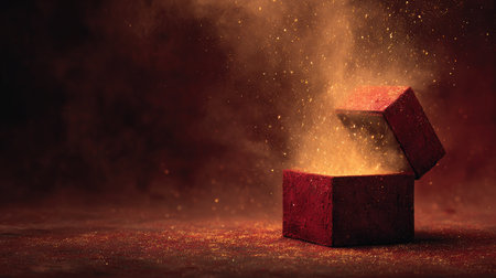 A captivating image of an open red box releasing golden dust into a dark backdrop, creating a sense of mystery and wonder, perfect for creative projects.の素材